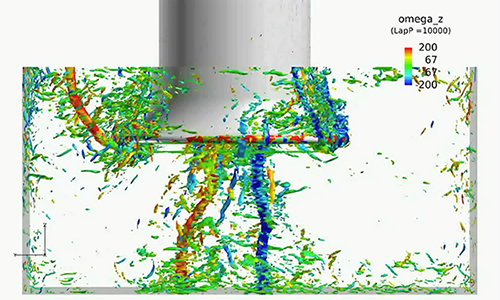 図３　大規模シミュレーションによる吸込水槽内部の渦の可視化。圧力の二階微分値の等値